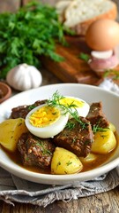 A hearty stew of tender beef, golden potatoes, and perfectly cooked eggs, garnished with fresh dill, showcasing a rich, brown sauce.