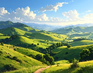 Fototapeta premium A vista of rolling hills bathed in sunlight, showcasing lush greenery and a clear sky dotted with fluffy clouds.