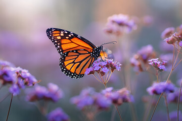 Fototapeta premium Monarch butterfly perched on purple flowers in a natural setting