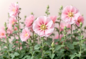 Soft Pink Hollyhock Flowers Blooming in a Garden.