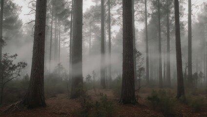 Obraz premium Dense forest scene. Tall trees, light fog, earthy tones, creates an ethereal and mysterious atmosphere
