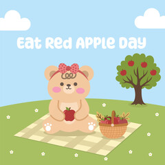 Cute eat a red apple day design illustration for celebration. Suitable for flat design graphic illustration for campaign, social media ads, flyer design, flat illustration, template, poster, etc