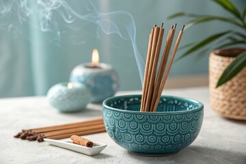 Tranquil scene with incense sticks in a decorative bowl, soft smoke rising, candles glowing, and plants