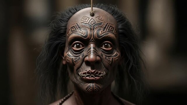 Intense Gaze of an Ancient Tribal Elder with Ritual Tattoos.