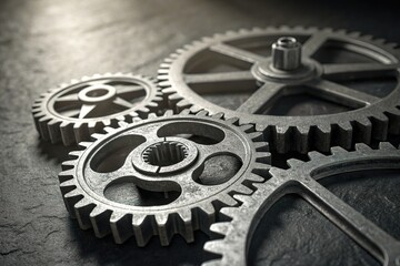 Close-up of metallic gears interlocking on a textured surface, showcasing mechanical precision and design