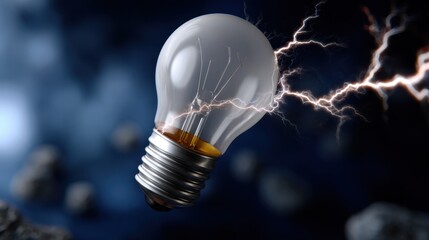 Light Bulb Surrounded by Electric Sparks and Dark Background Effects