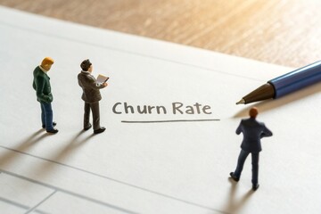 Obraz premium Business professionals analyzing churn rate data on a document with a pen, symbolizing strategy