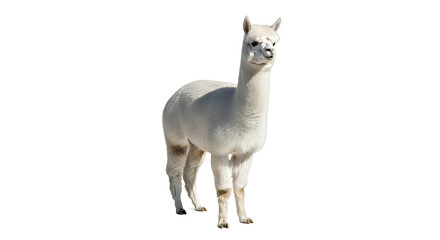 Fototapeta premium Captivating White Alpaca Standing Gracefully Against a White Background in a Studio Setting