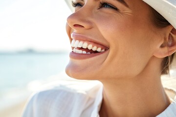 Obraz premium Smiling woman in a white hat enjoying a sunny day at the beach with a serene ocean background