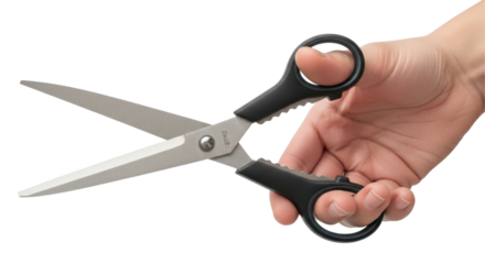 Hand Holding Open Silver Scissors on White Background