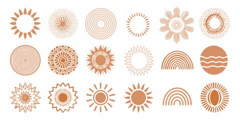 Collection of abstract sun and rainbow shapes in warm terracotta tones on a white background