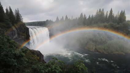 Fototapeta premium Dramatic waterfall cascades into river below, framed by forest and vibrant rainbow arching across