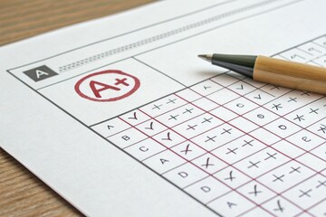 Graded exam paper with an A+ mark and check marks, showcasing academic achievement and assessment