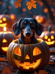 Adorable Dachshund dog sitting inside Halloween carved pumpkin 