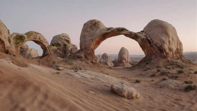 Eroded sandstone arches span desert terrain under a dusky sky, with subtle shadows & textures