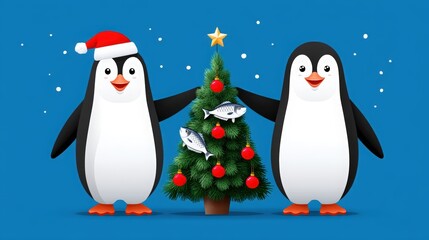 Obraz premium Cute Penguins Celebrating Christmas with Festive Tree and Ornaments