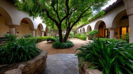 Fototapeta premium Serene Courtyard with Lush Greenery and Tranquil Tree Centerpiece