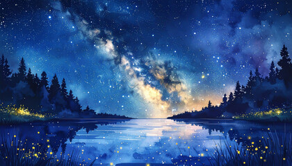 6月の天の川と湖畔の夜　水面反射と蛍の幻想的星景
