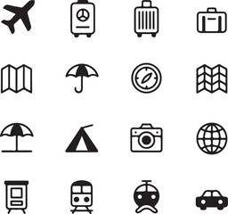 Airplane suitcase map umbrella compass camera globe tent train car