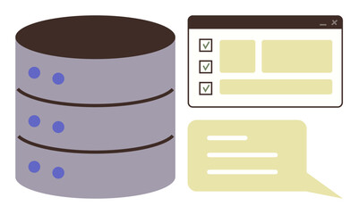 Database stack with three tiers alongside a browser window displaying a checklist and a speech bubble suggesting dialogue or messaging. Ideal for technology, cloud storage, collaboration