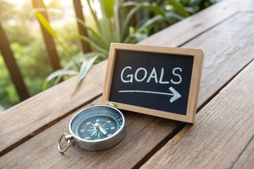 Naklejka premium A wooden table displays a chalkboard labeled 'GOALS' alongside a compass, symbolizing direction and purpose
