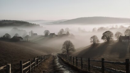 Foggy landscape with a dirt road leading through a rural village and rolling hills at dawn