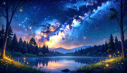 6月の天の川と湖畔の夜　水面反射と蛍の幻想的星景