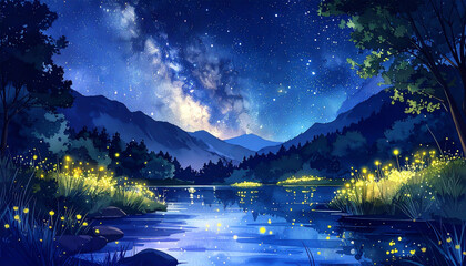 6月の天の川と湖畔の夜　水面反射と蛍の幻想的星景