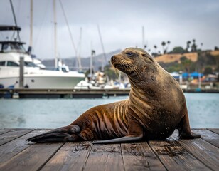 Fototapeta premium A harbor seal rests serenely on a wooden dock, its gaze directed towards the distant yachts.