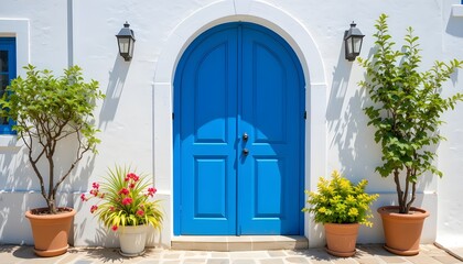 Fototapeta premium Bright blue Mediterranean door with white wall and potted plants, sunny day