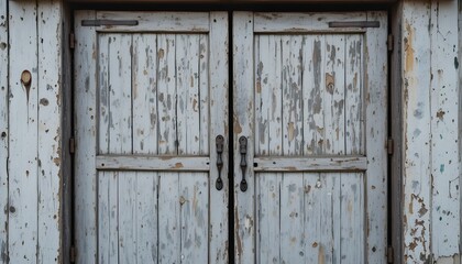 Old rustic barn door with peeling paint, countryside background
