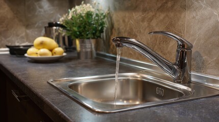 Modern Kitchen Sink with Water Flowing and Fresh Produce Nearby