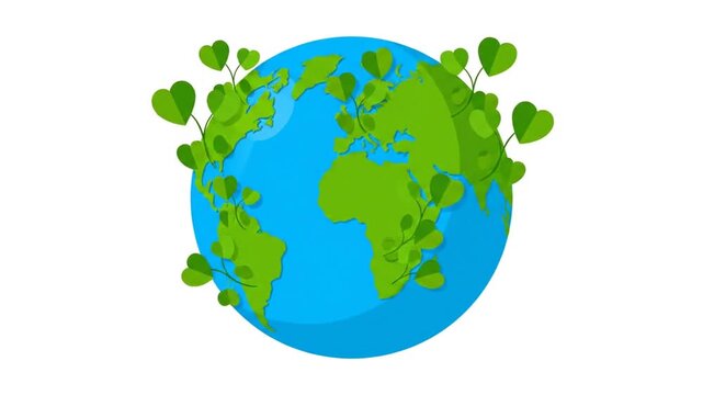 Dynamic Animation of Planet Earth with Sprouting Green Heart-Shaped Plants Symbolizing Global Love and Care.