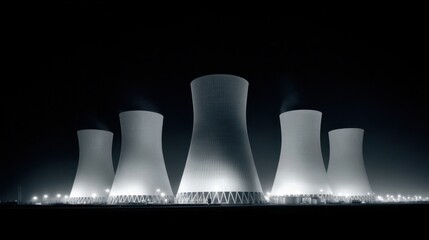 Cooling towers at night industrial site photography urban landscape low angle energy production