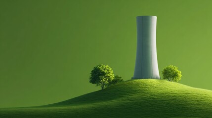 Cooling tower structure on lush green hill technology landscape serene environment wide-angle view industrial concept
