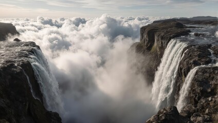 High-angle view of waterfalls cascading into a cloud-filled canyon, showcasing nature's grandeur
