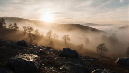 Obraz premium Hilly, foggy landscape at sunrise, sunbeams piercing through trees, rocks in foreground