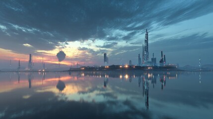 Sunset over reflected cityscape with floating balloon urban environment landscape photography tranquil viewpoint