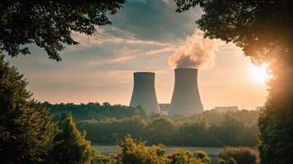 Cooling towers emitting steam at sunset power plant landscape photography tranquil environment nature viewpoint