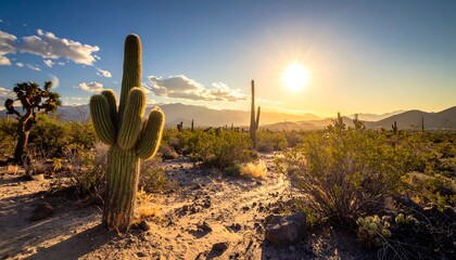 A desert landscape bathed in the warm light of a golden sunset, showcasing a cluster of saguaro cacti and low desert plants against a backdrop of distant mountains.