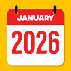 Flat design calendar icon showing January 2026 in bold red and white colors on a yellow background.