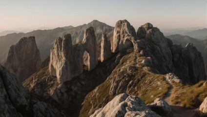 Fototapeta premium Jagged mountain peaks, stone arch formation, and hiking trail under a warm, golden sun