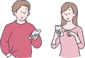 スマホを見る男女のイラスト