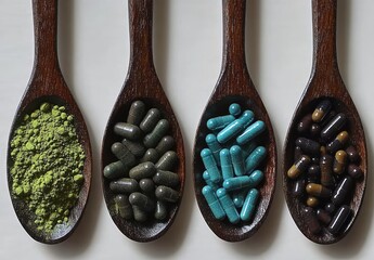 Spoons of powder & capsules, natural health supplements