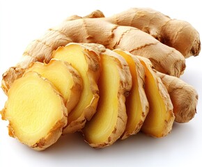 Sliced ginger root, fresh spice against a white background