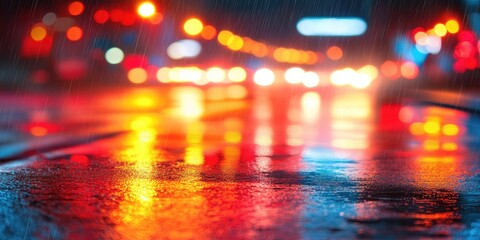 Rainy city lights reflect on wet pavement, blurred view