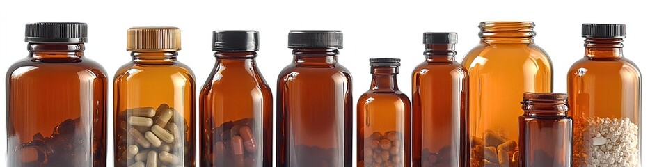 Amber bottles filled with pills, capsules and powders