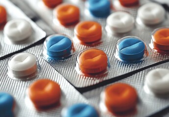 Pills in blister packs white, blue, and orange medication