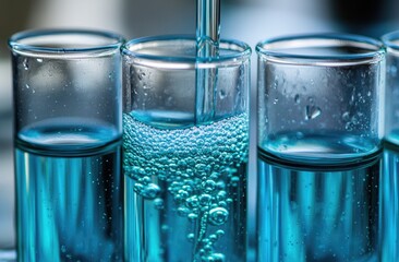 Blue liquid pouring into glass tubes, bubbles forming