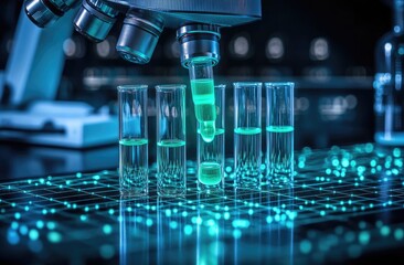 Microscope drips into test tubes, glowing blue grid under